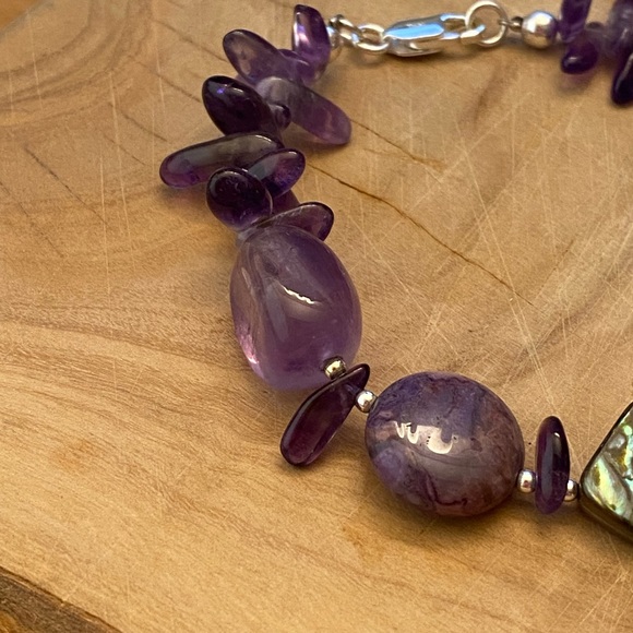 Beautiful Amethyst, abalone, and agate or Charoite 925 sterling silver bracelet - Picture 11 of 12